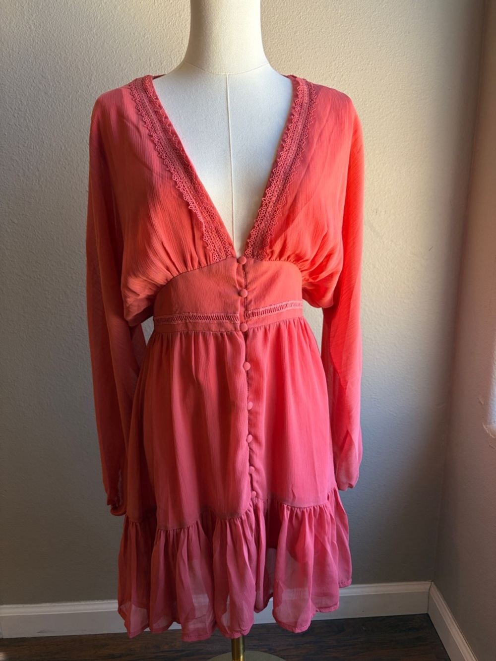 VICI Boho Lace Trim Mini Dress Coral Pink Button Front Romantic Festival Small